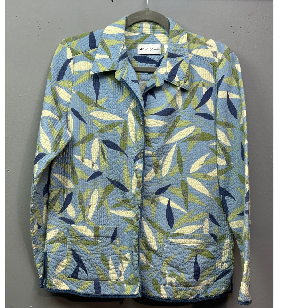 Alfred Dunner Quilted Jacket‎ Womens 10 Blue Green Leaf Print Button Pockets
